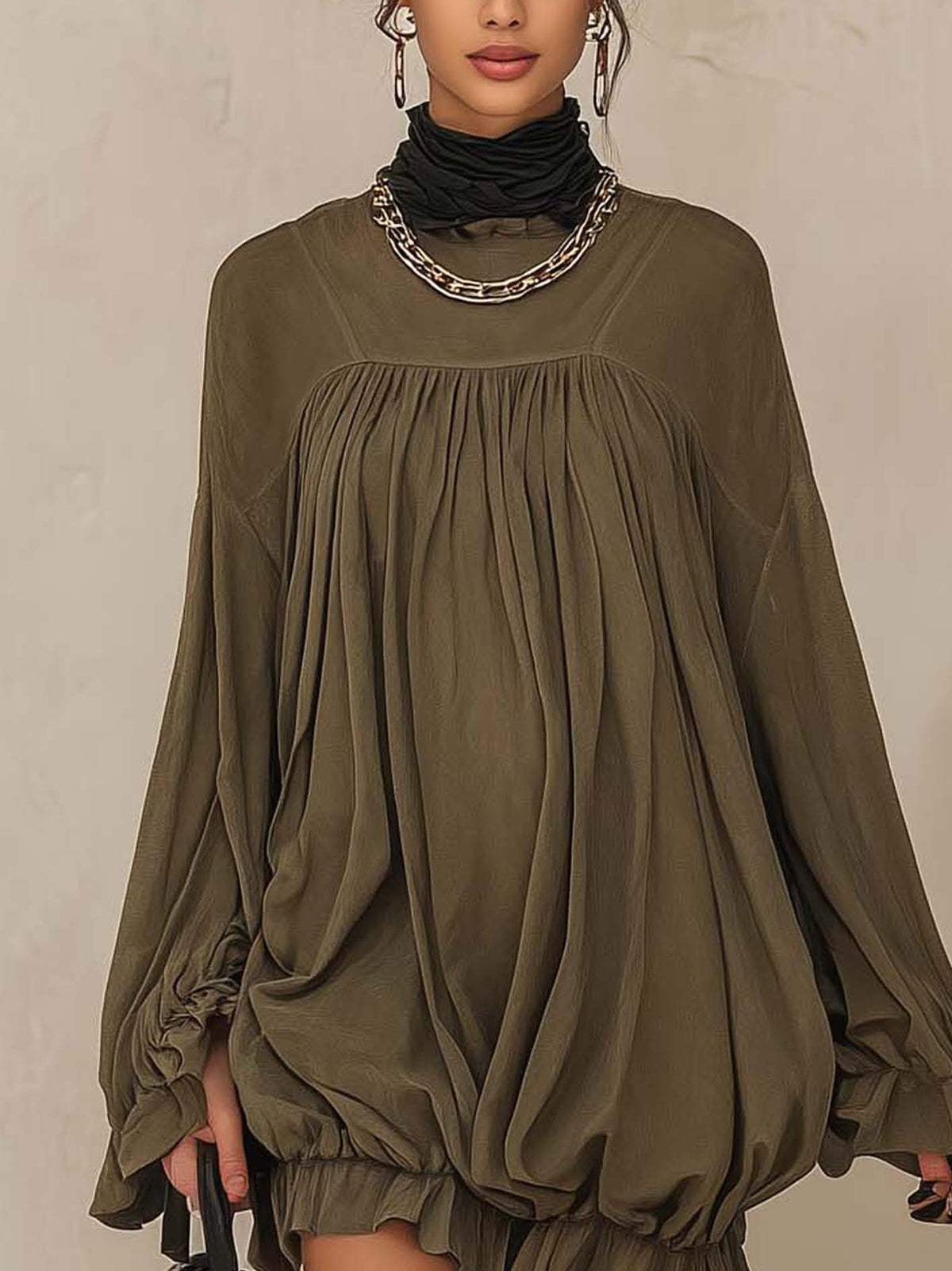 Olive Faux Suede Oversized Mini Dress With Gathered Yoke And Ruffle Hem