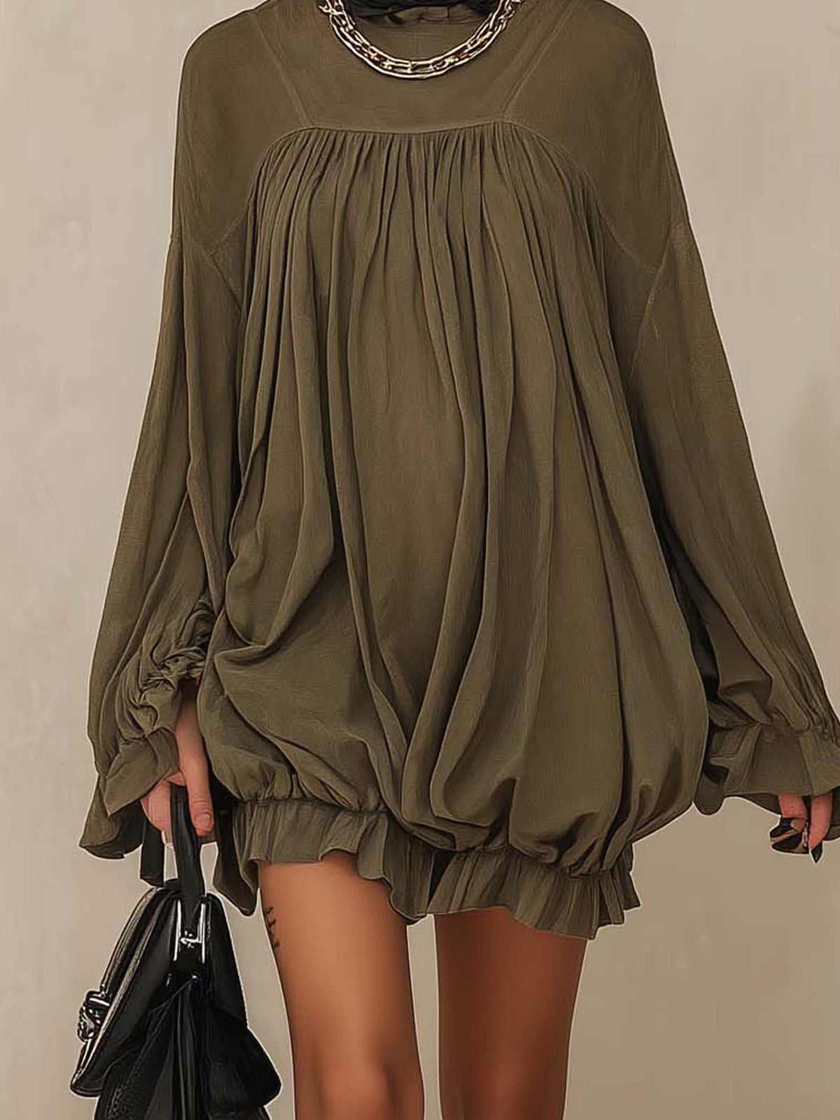 Olive Faux Suede Oversized Mini Dress With Gathered Yoke And Ruffle Hem