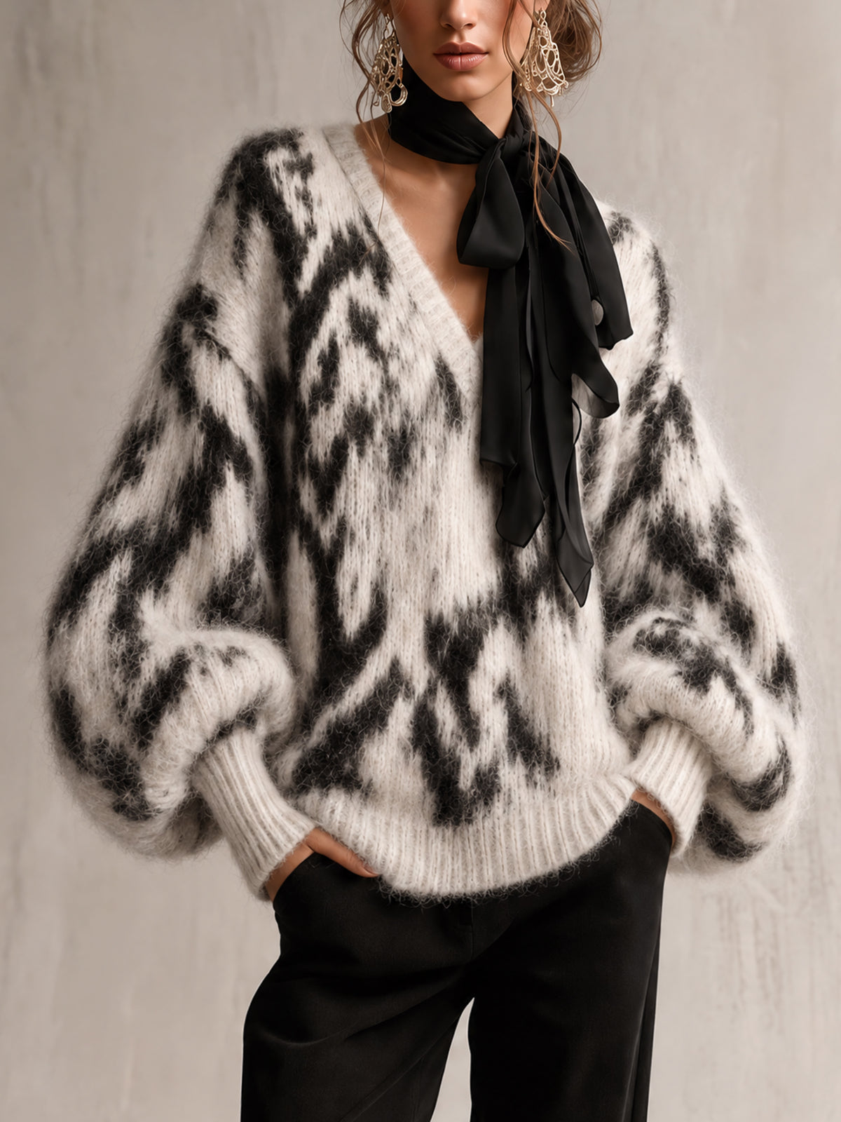 Black And White Abstract Oversized V-Neck Wool Blend Sweater
