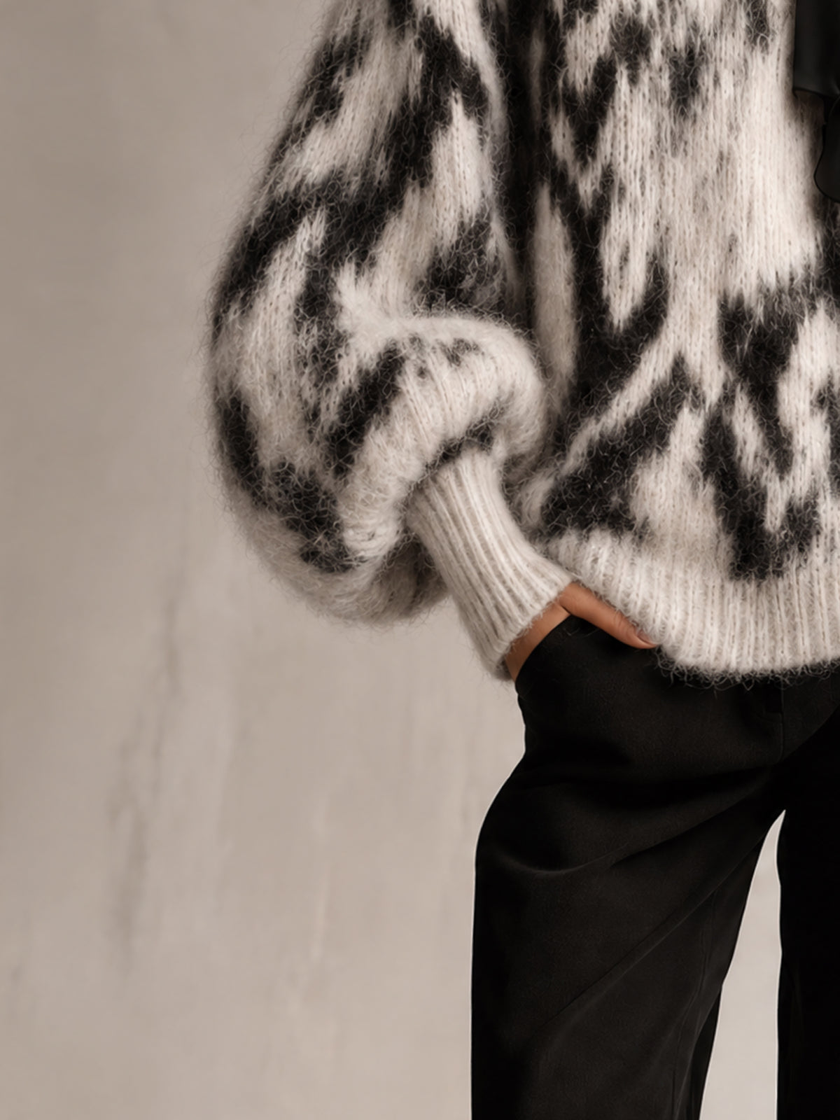 Black And White Abstract Oversized V-Neck Wool Blend Sweater