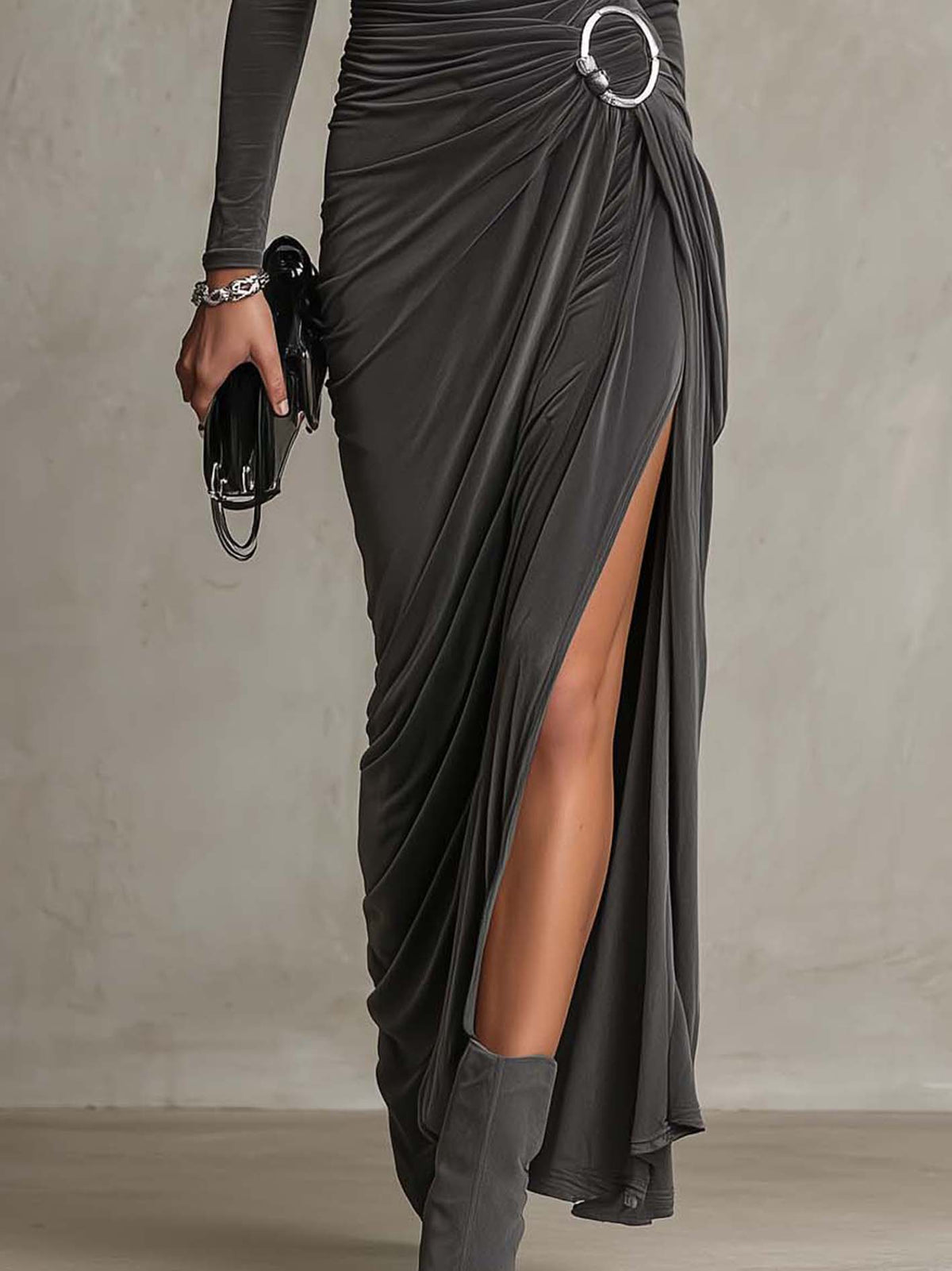 Charcoal Gray Ruched Bodycon Maxi Dress With Metal Ring Buckle And High Slit