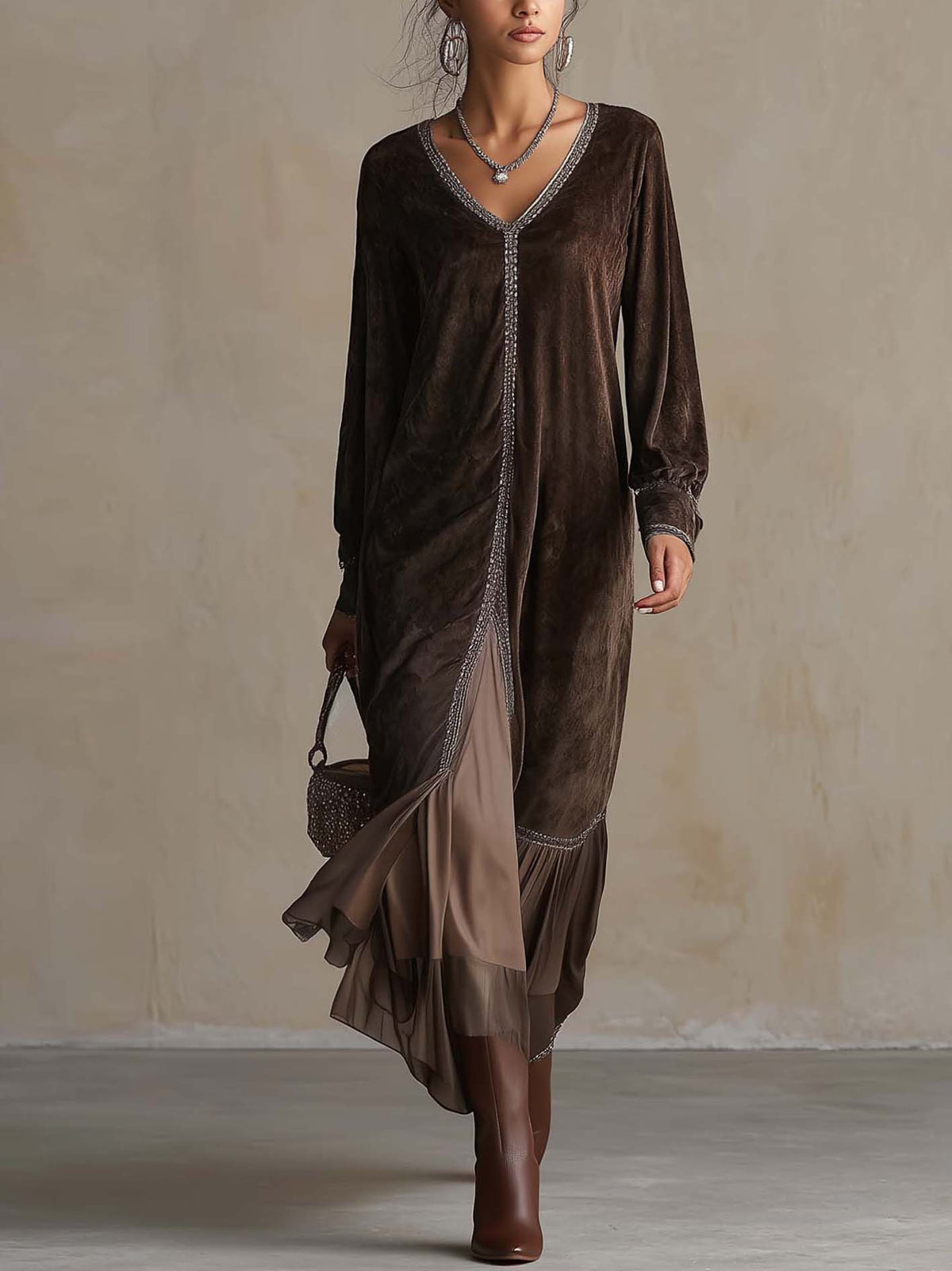 Chocolate Brown Velvet Maxi Dress With Shimmer Trim And Chiffon Ruffle Hem