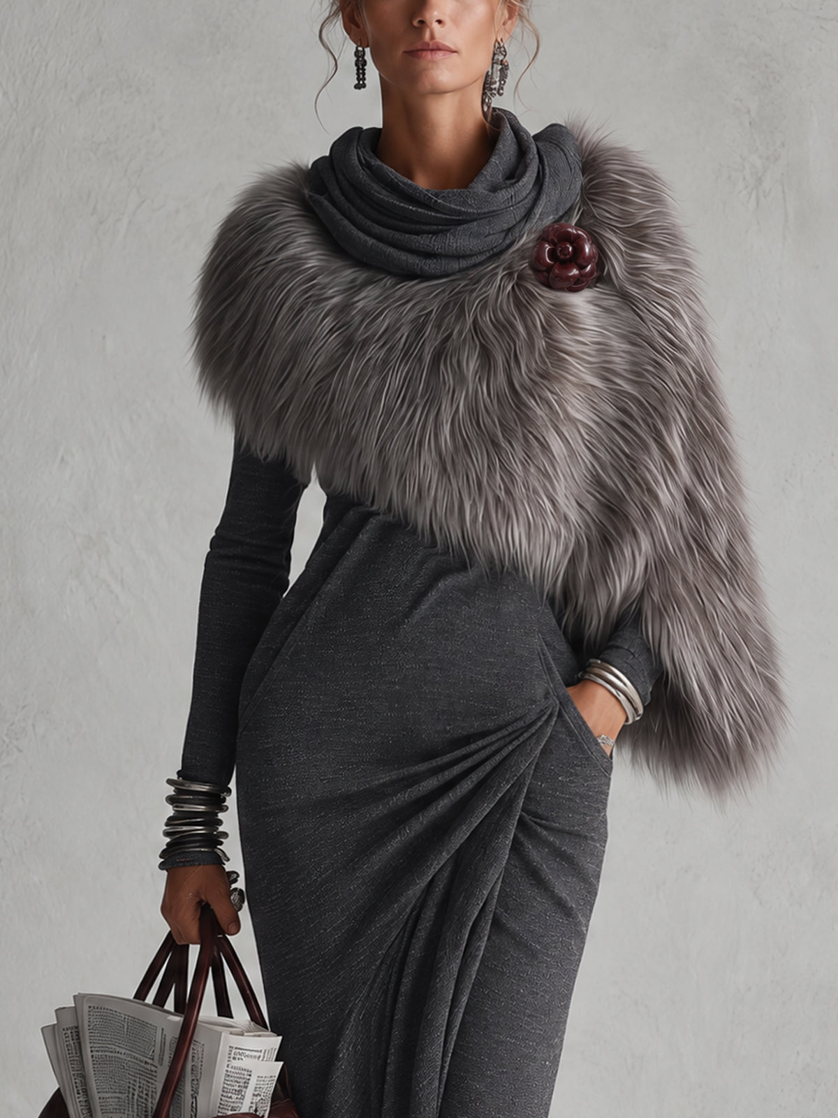 Charcoal Gray Stretch Long Sleeve Maxi Dress And Faux Fur Asymmetric Stole Set