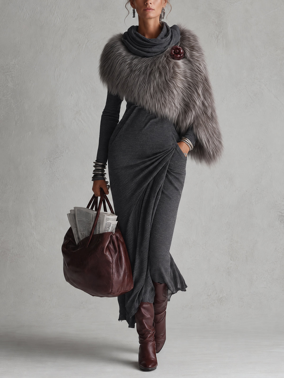 Charcoal Gray Stretch Long Sleeve Maxi Dress And Faux Fur Asymmetric Stole Set