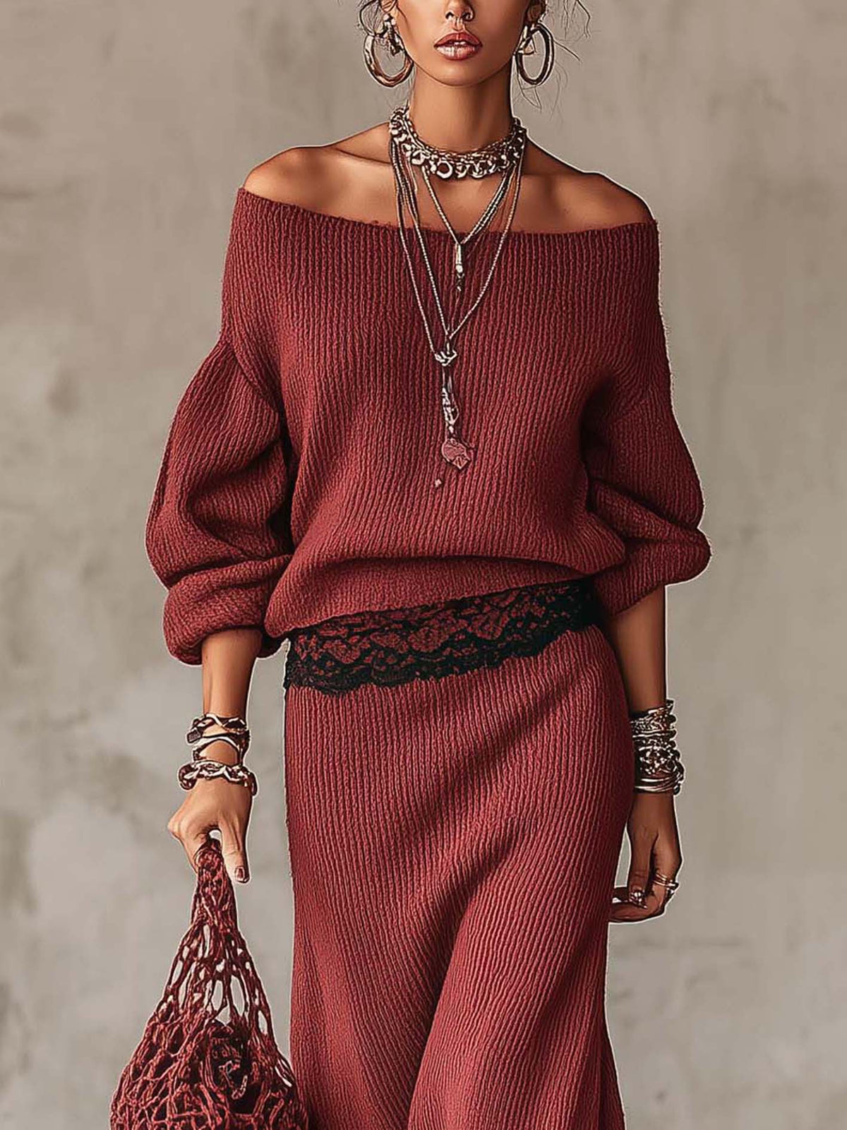 Rust Red Ribbed Knit Off-Shoulder Sweater And Maxi Skirt Set With Black Lace Trim