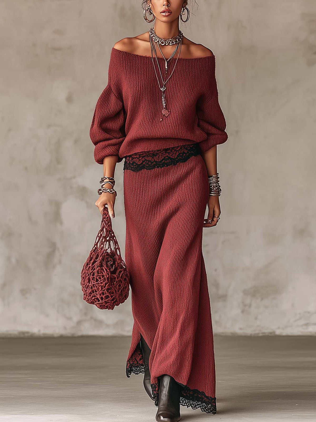Rust Red Ribbed Knit Off-Shoulder Sweater And Maxi Skirt Set With Black Lace Trim