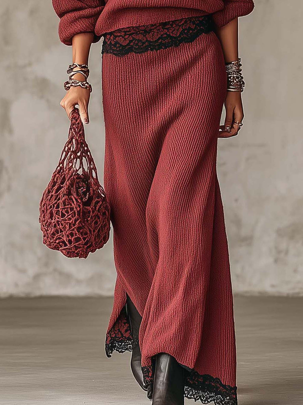 Rust Red Ribbed Knit Off-Shoulder Sweater And Maxi Skirt Set With Black Lace Trim