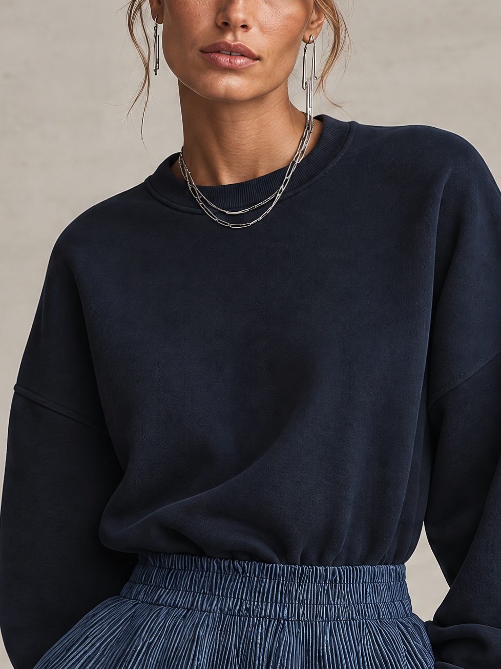 Midnight Navy Sweatshirt With Pleated Denim-Look Lace Hem