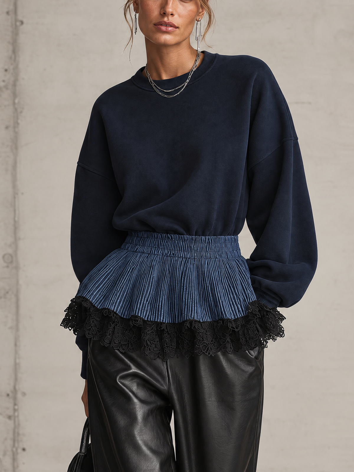 Midnight Navy Sweatshirt With Pleated Denim-Look Lace Hem