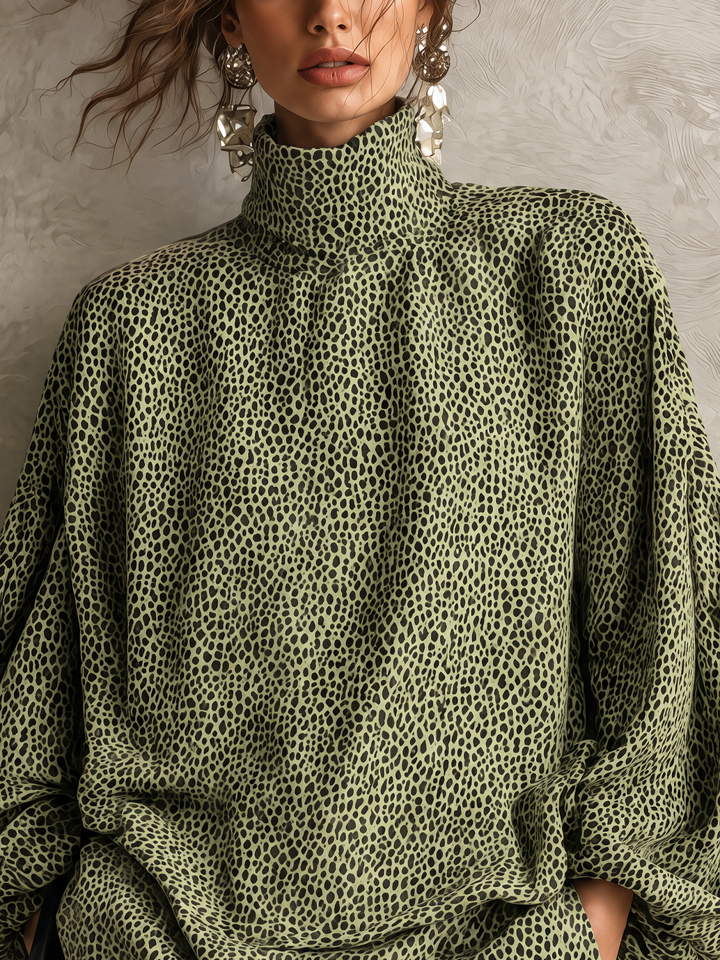 Olive Green Micro Leopard Print Turtleneck Balloon-Sleeve Mini Dress