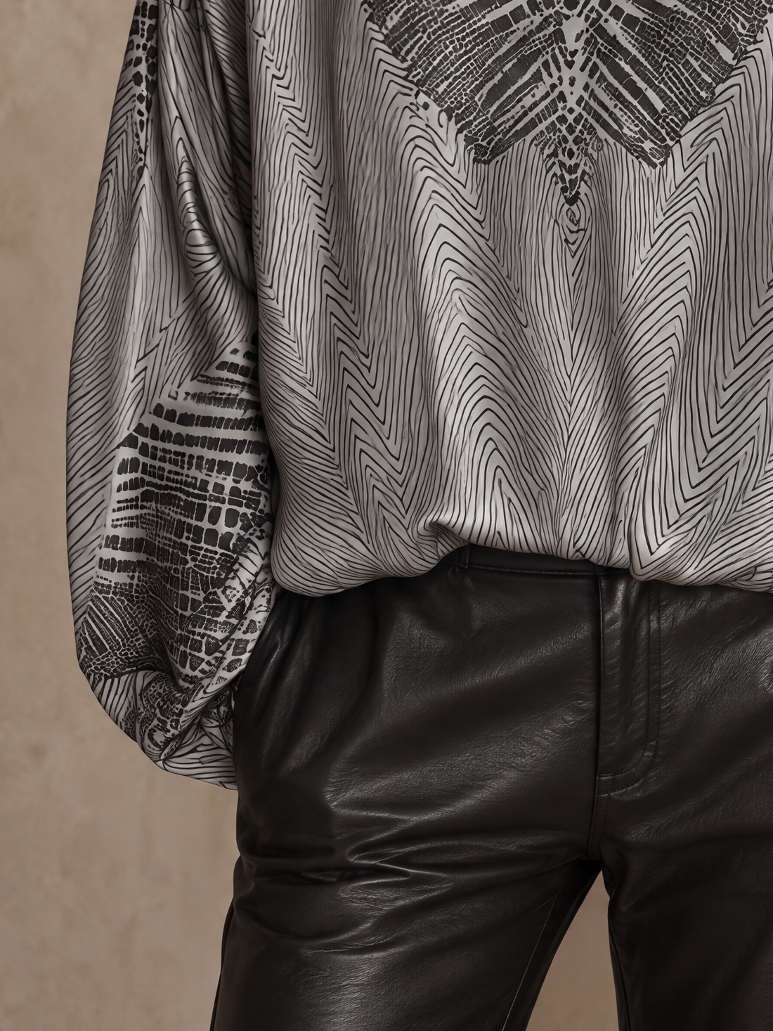 Silver Gray Snakeskin Print Satin Notch-Neck Blouse