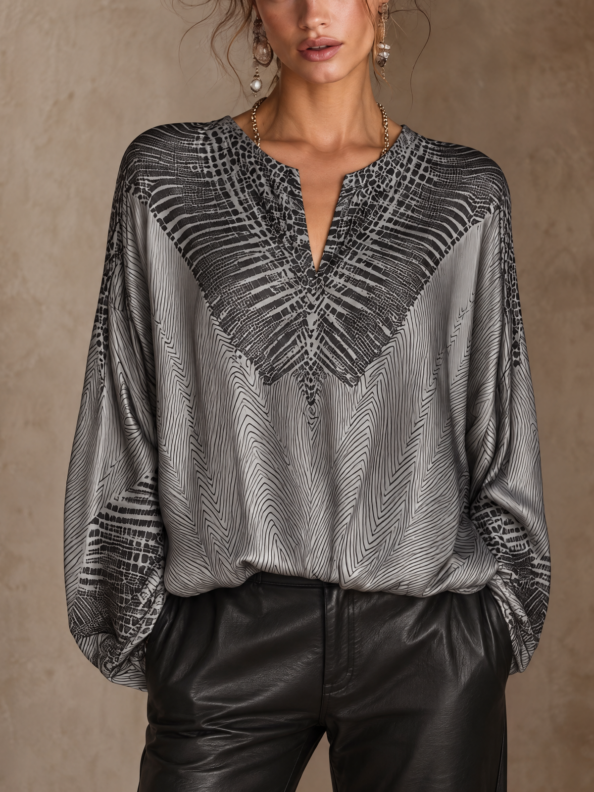 Silver Gray Snakeskin Print Satin Notch-Neck Blouse