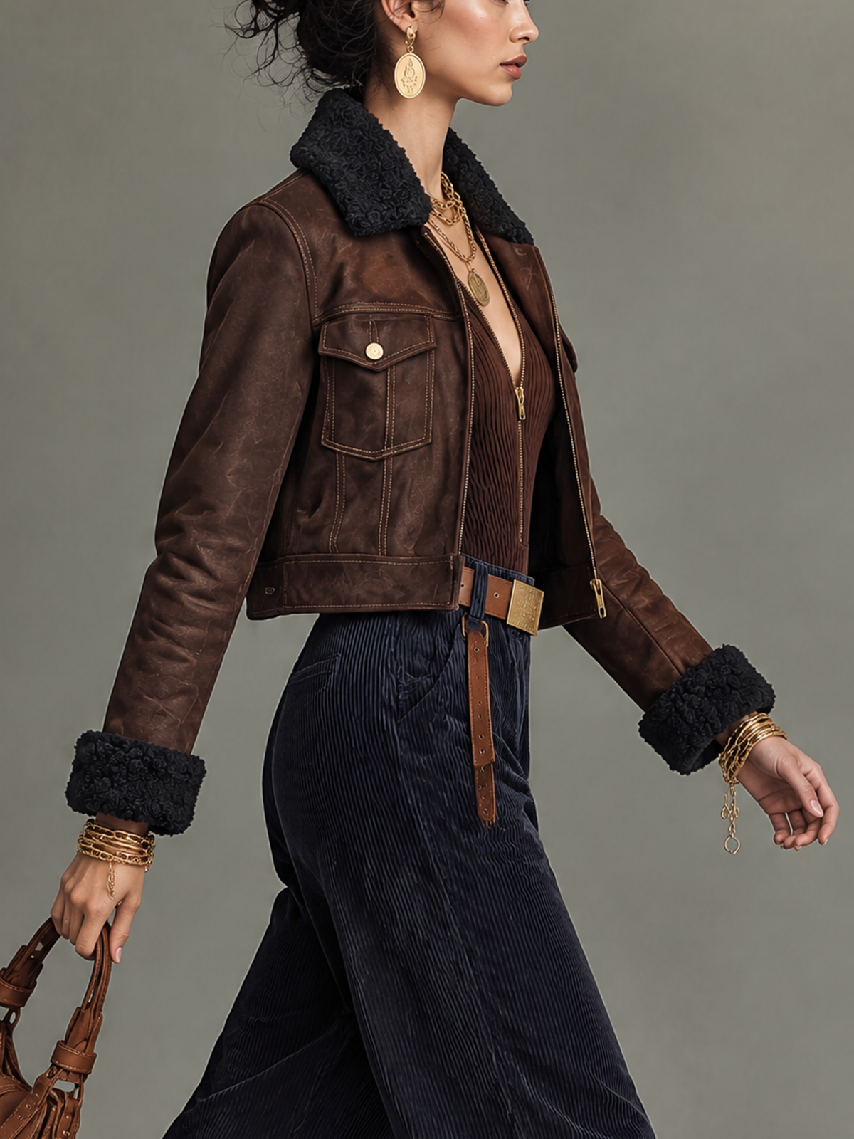 Dark Brown Faux Suede Shearling Collar Cropped Jacket