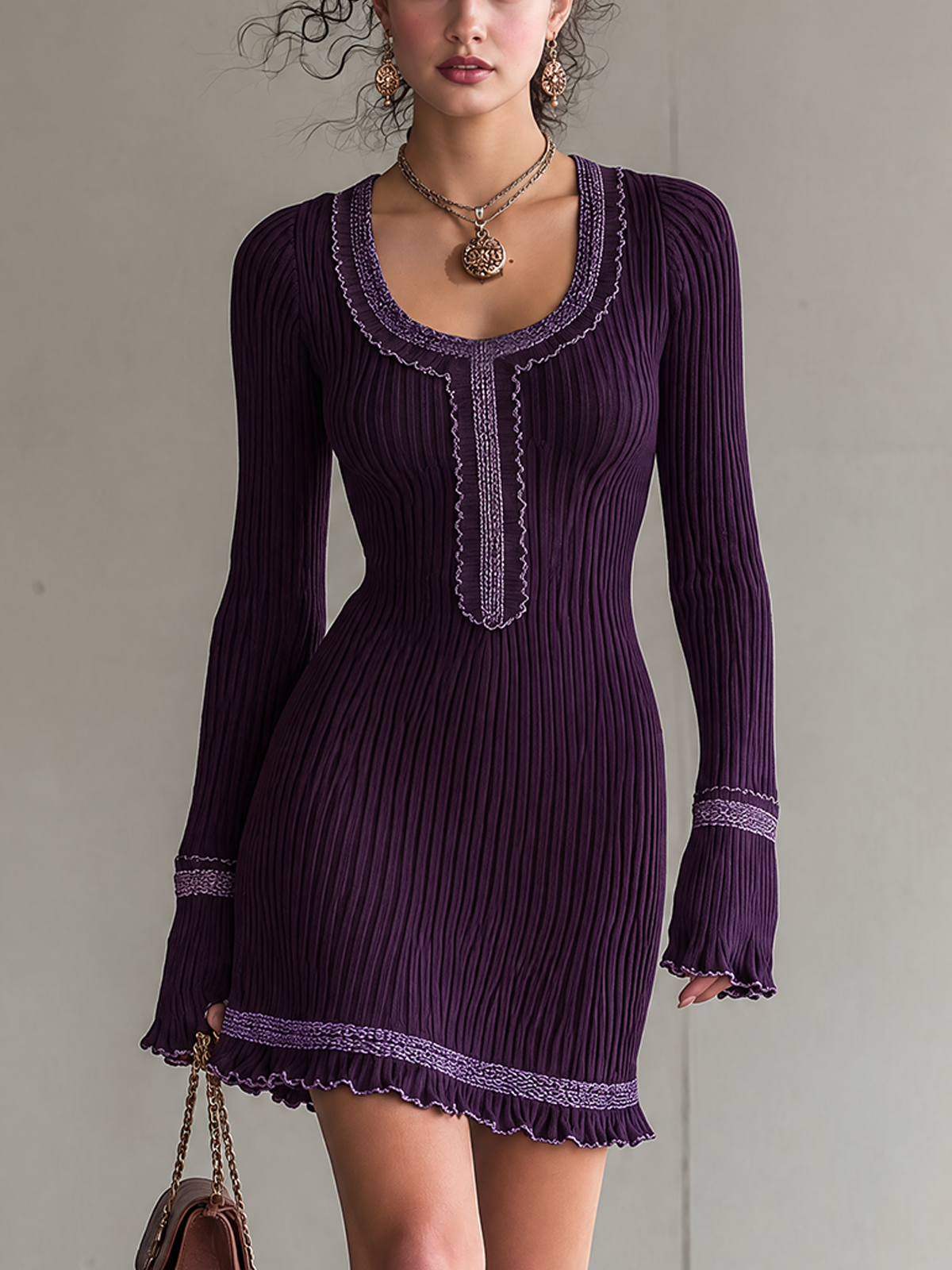 Dark Purple Ribbed Knit U-Neck Mini Dress