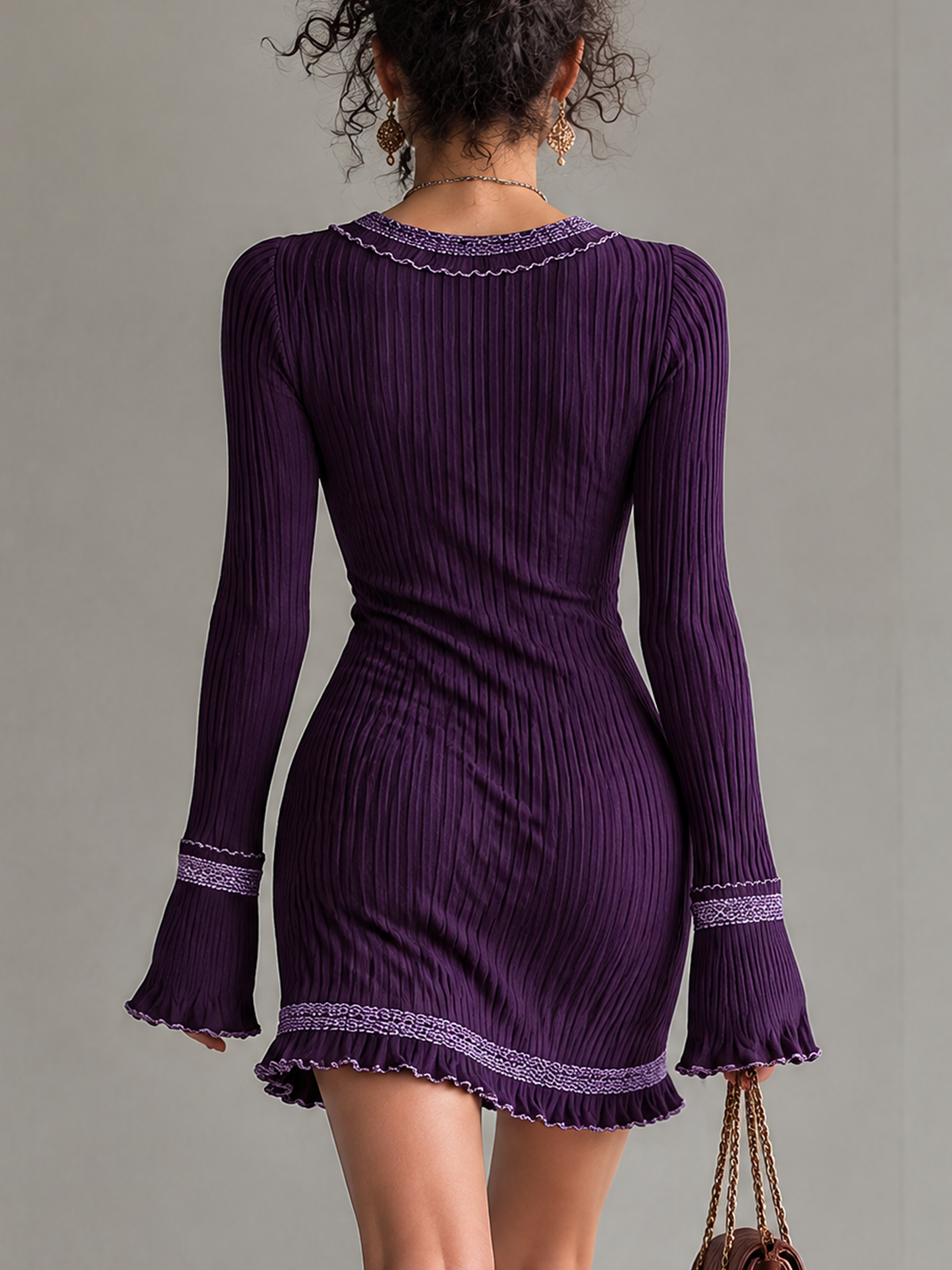 Dark Purple Ribbed Knit U-Neck Mini Dress