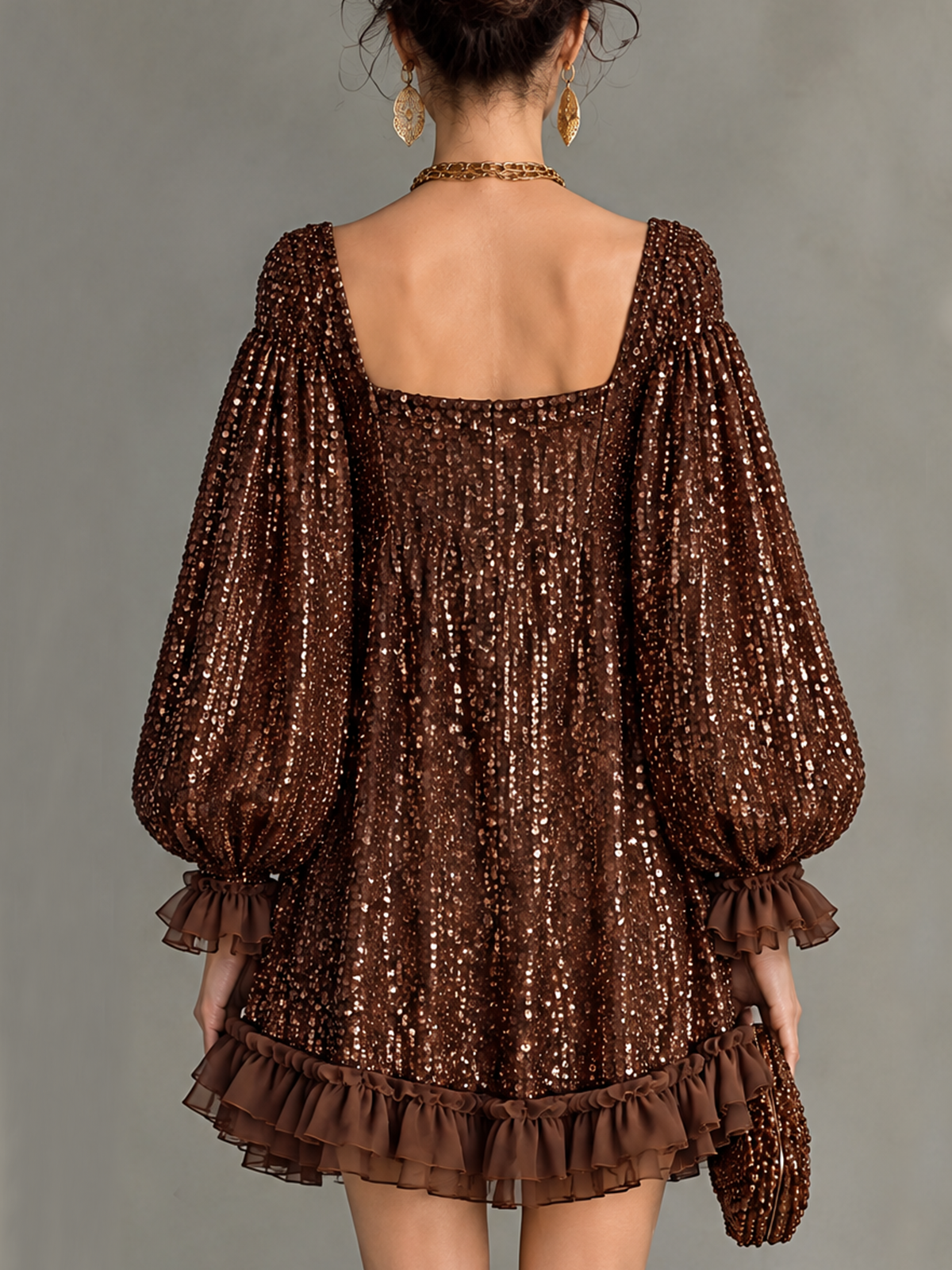 Brown Sequin Square Neck Puff Sleeve Mini Dress