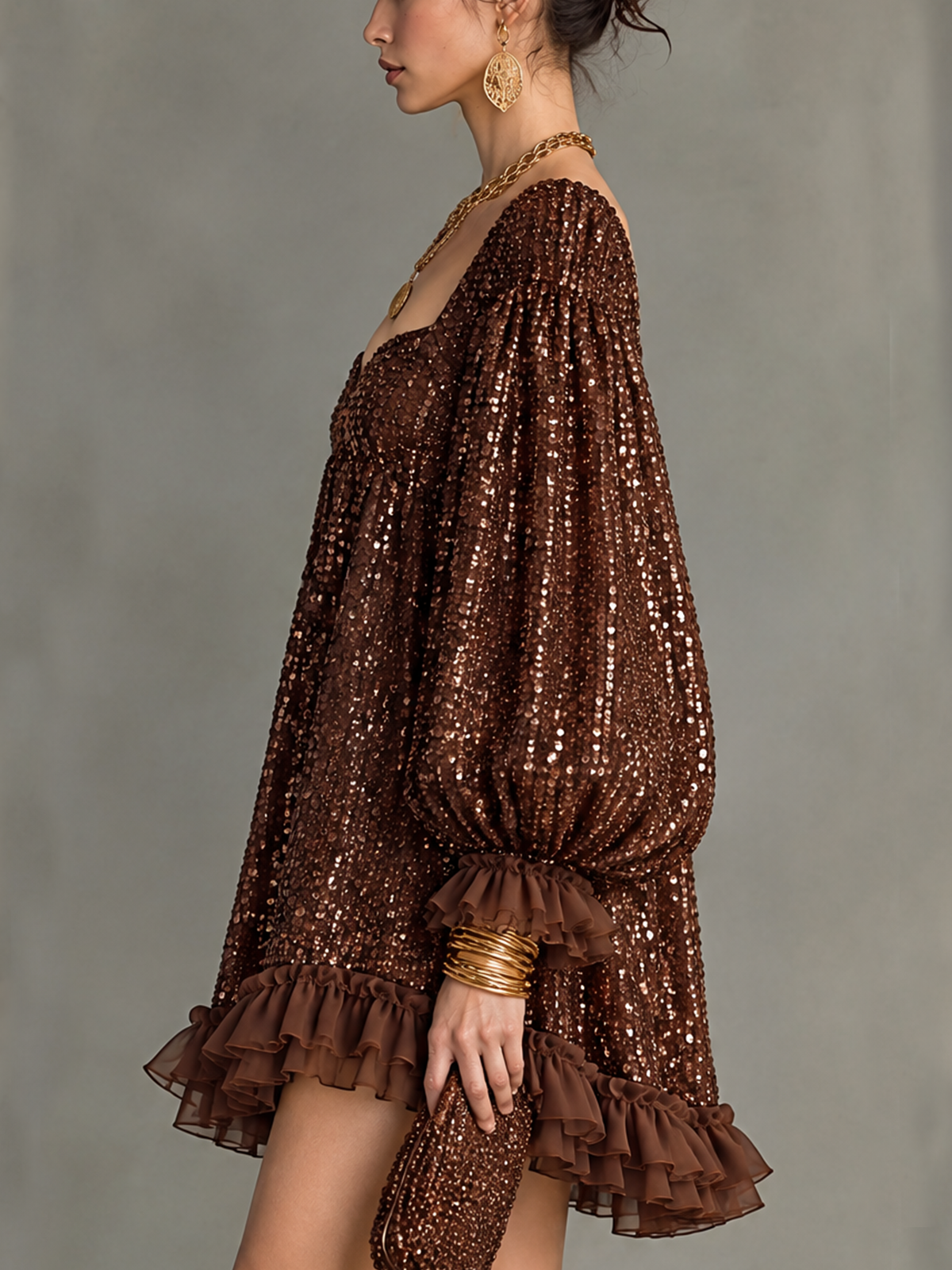 Brown Sequin Square Neck Puff Sleeve Mini Dress