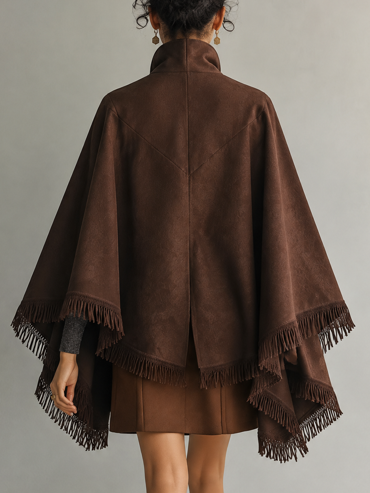 Dark Brown Faux Suede Fringe Cape Coat