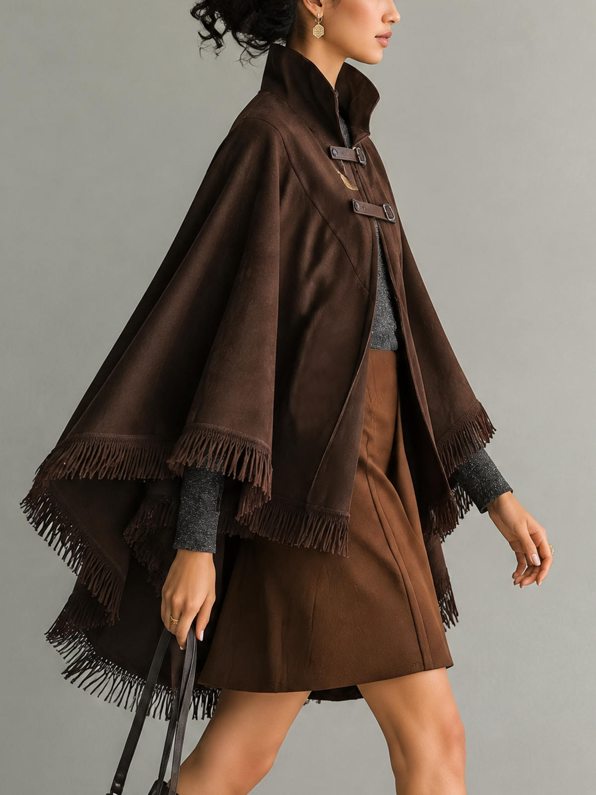 Dark Brown Faux Suede Fringe Cape Coat