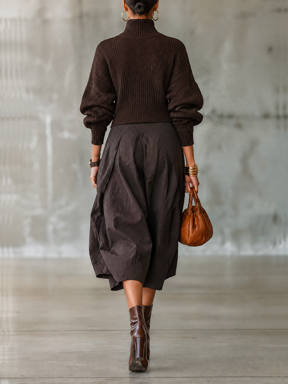 Dark Brown Ribbed Turtleneck Sweater And Pleated Midi Skirt Set