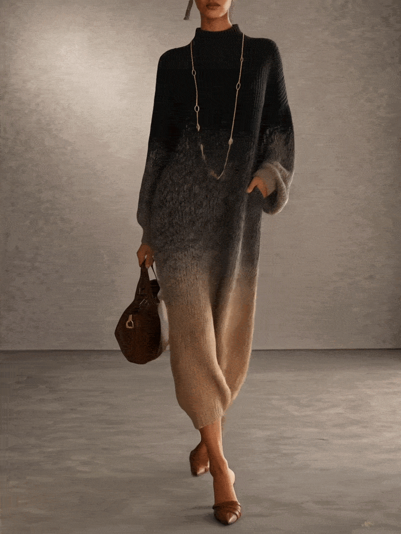 Black To Beige Gradient Turtleneck Knit Maxi Dress