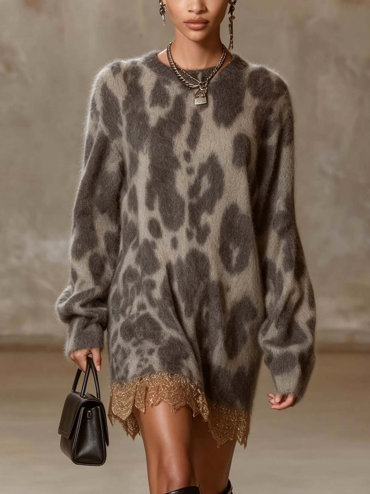 Leopard Print Fuzzy Knit Mini Dress With Gold Lace Hem