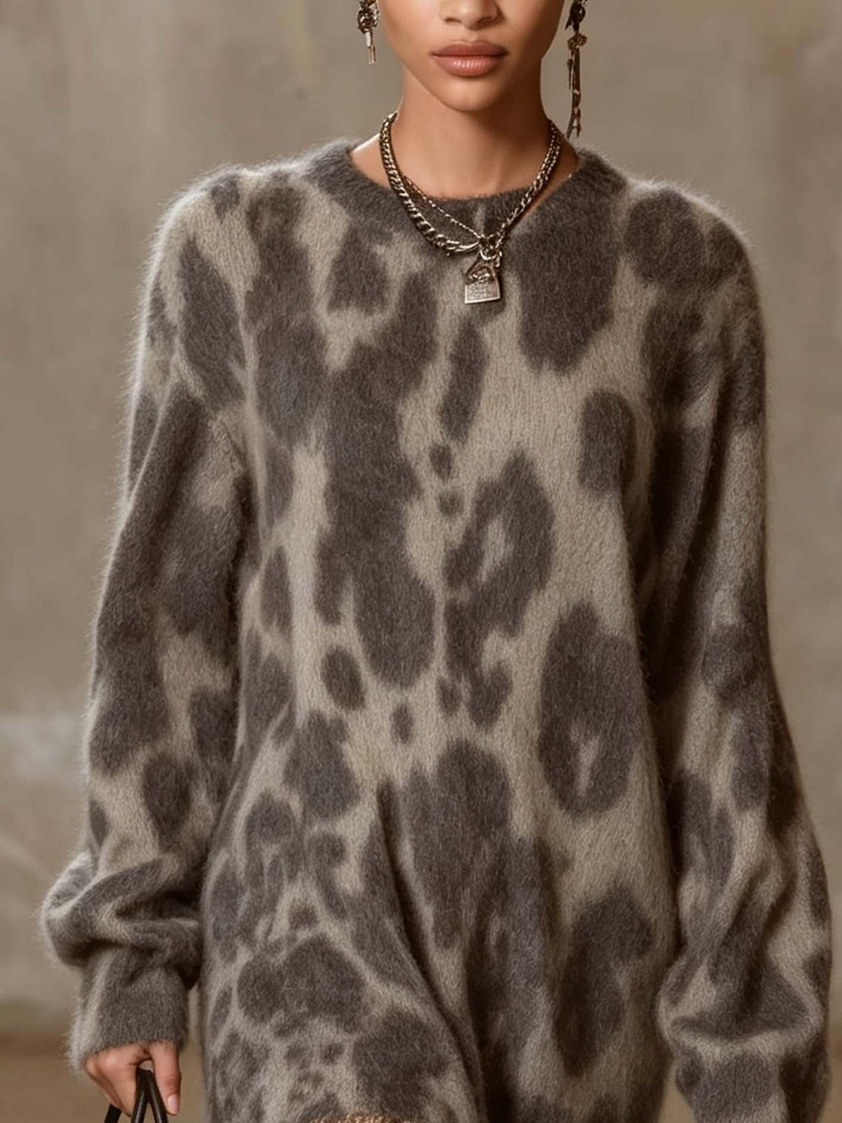 Leopard Print Fuzzy Knit Mini Dress With Gold Lace Hem