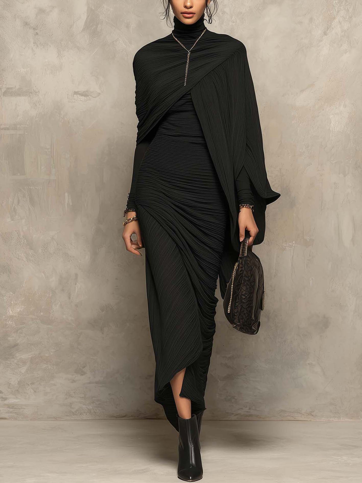 Black Pleated Cape Overlay And Bodycon Maxi Dress Set