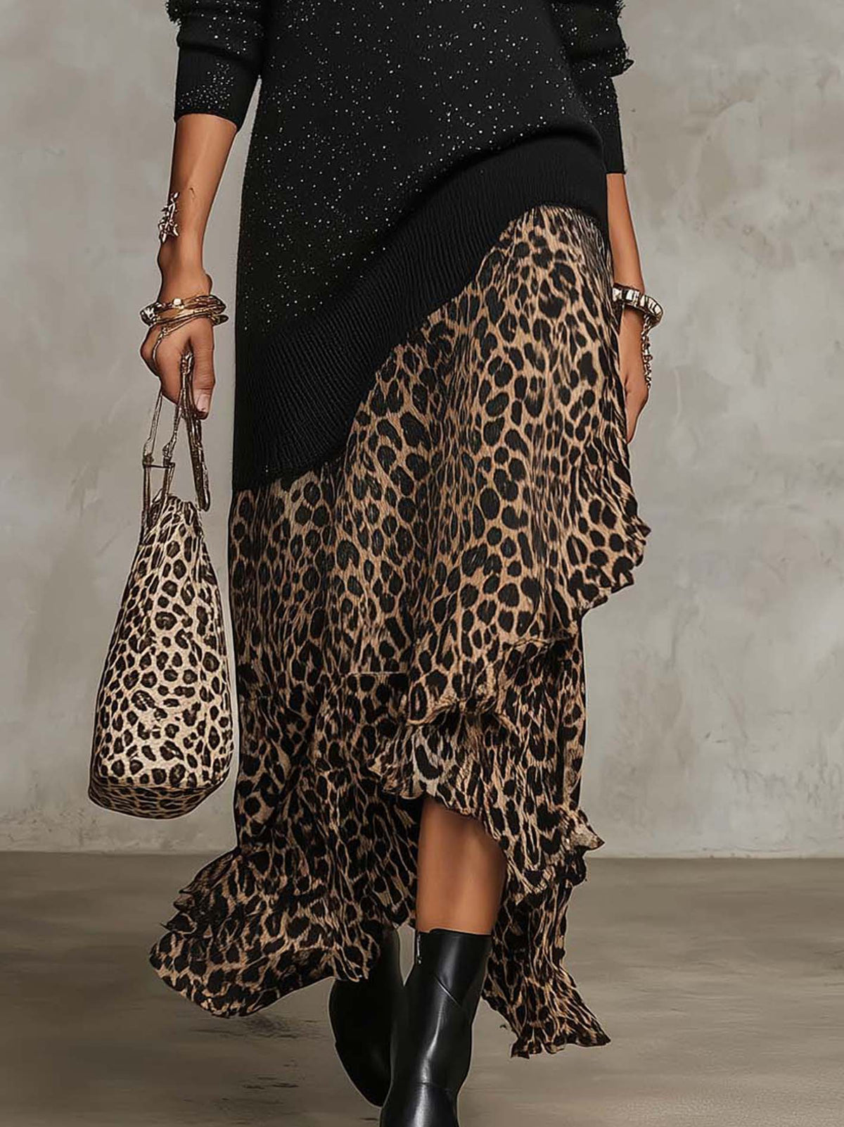 Black Shimmer Knit Sweater Dress With Leopard Ruffle Hem