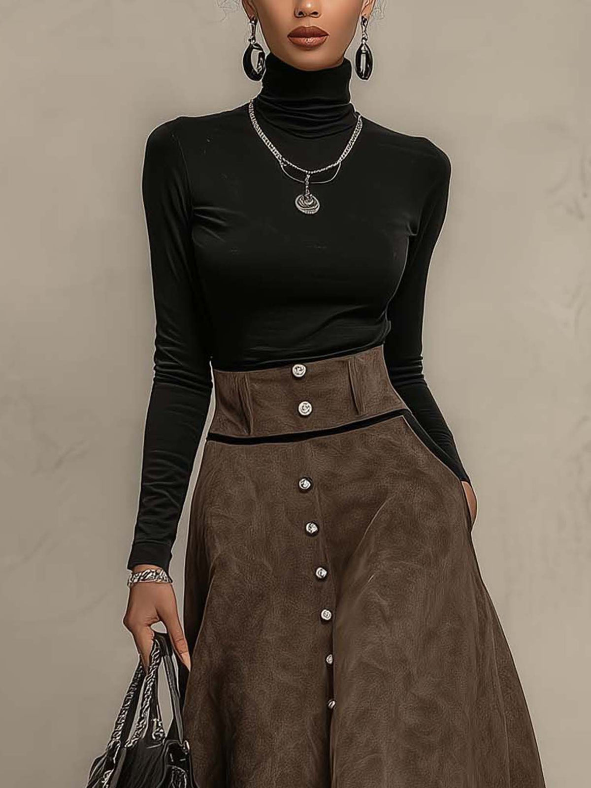 Black Turtleneck Top And Distressed Brown Faux Suede Button Maxi Skirt Set