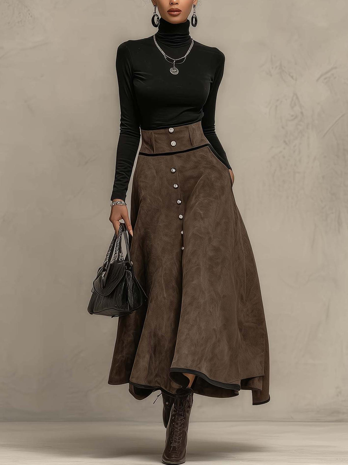 Black Turtleneck Top And Distressed Brown Faux Suede Button Maxi Skirt Set