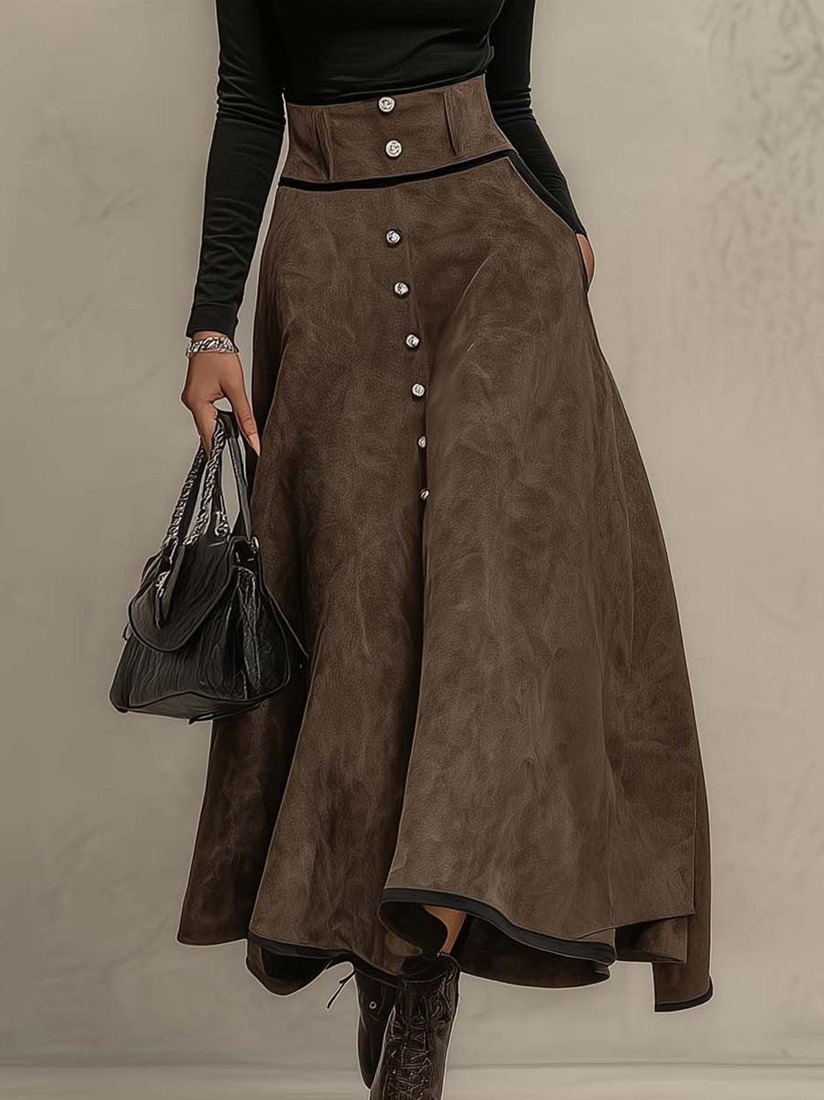 Black Turtleneck Top And Distressed Brown Faux Suede Button Maxi Skirt Set