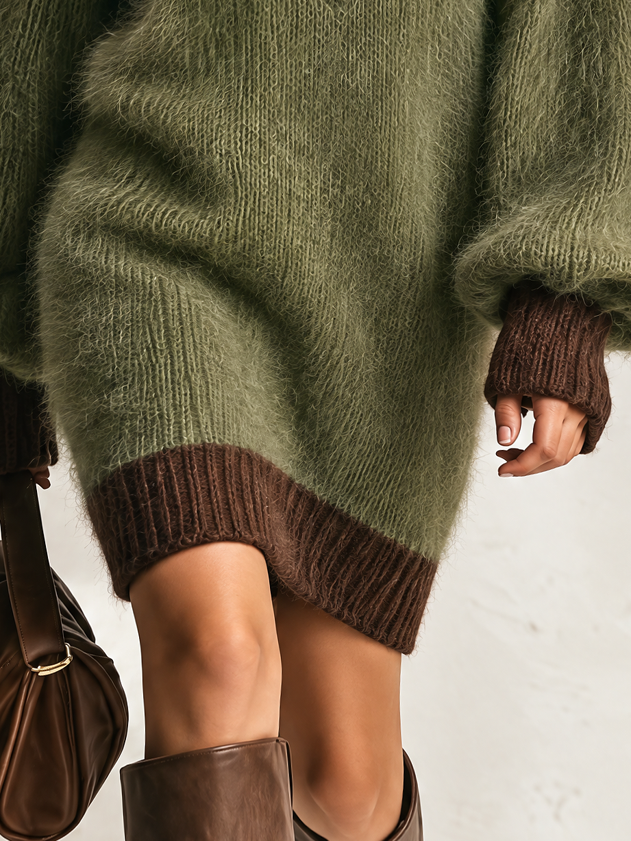 Olive Green Fuzzy Mohair Balloon-Sleeve Mini Sweater Dress With Black Lace Turtleneck