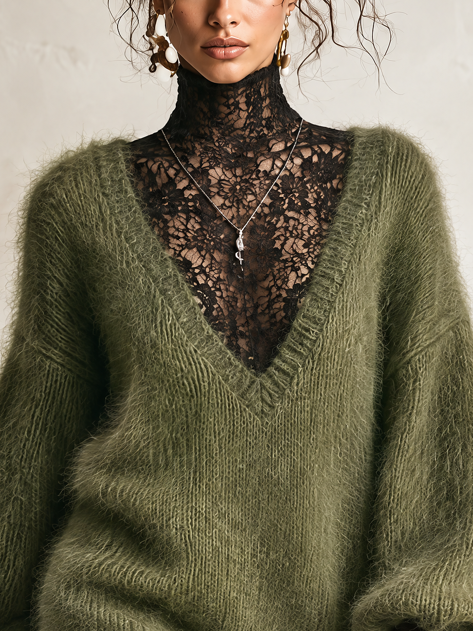Olive Green Fuzzy Mohair Balloon-Sleeve Mini Sweater Dress With Black Lace Turtleneck