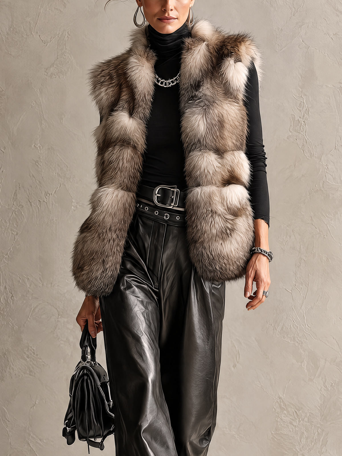 Brown Silver-Tipped Faux Fur Longline Puffer Vest