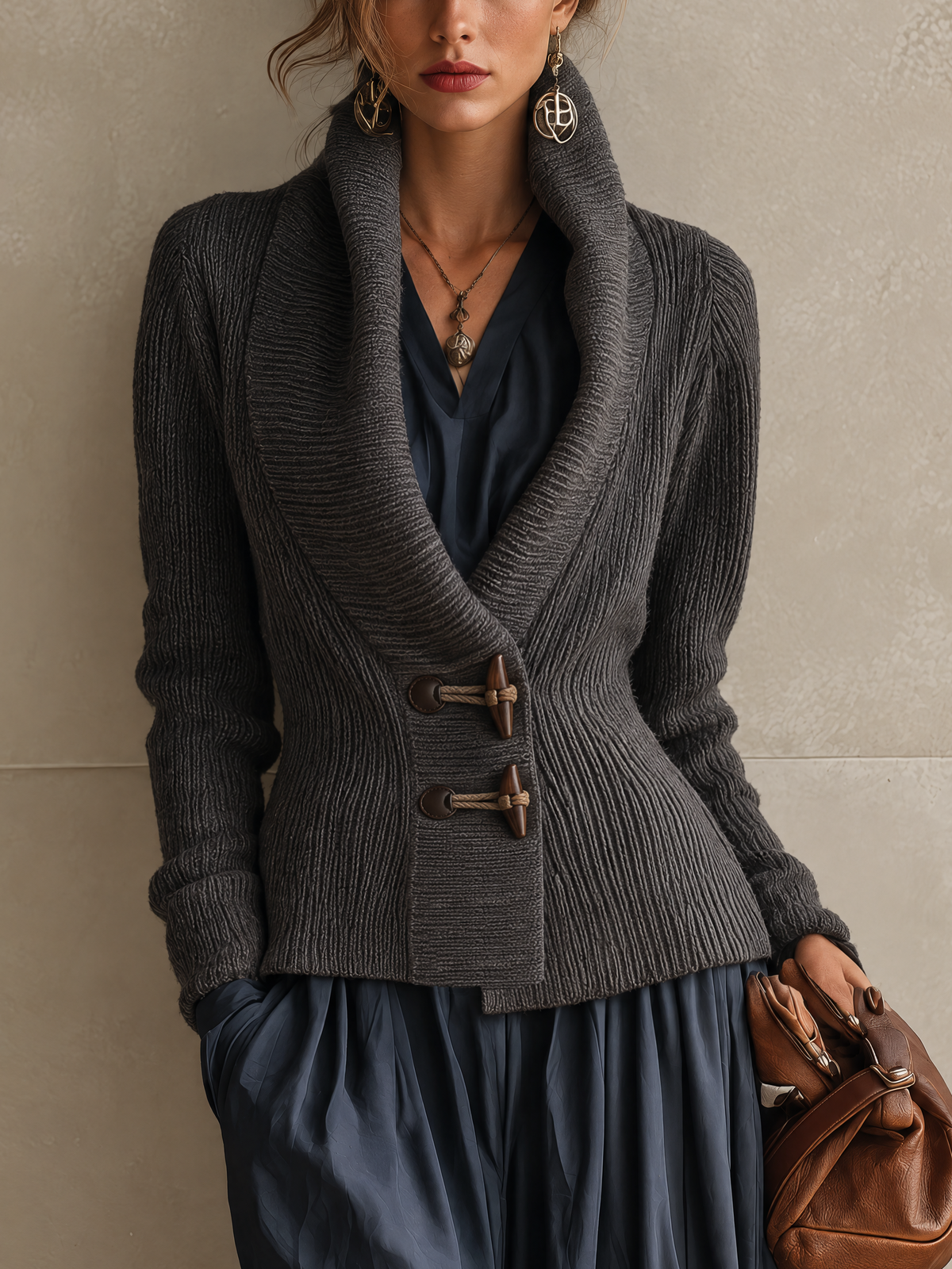 Charcoal Ribbed Shawl-Collar Knit Cardigan With Toggle Closures