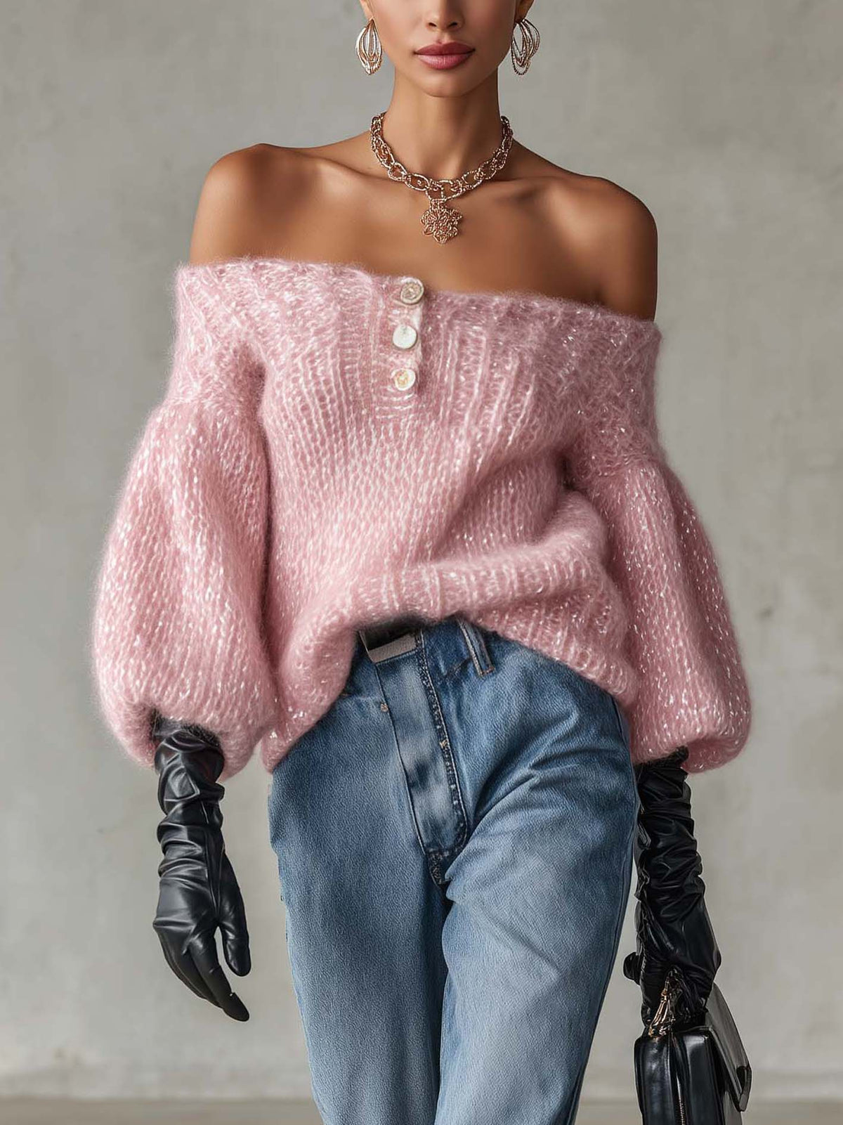 Blush Pink Shimmer Mohair Off-Shoulder Sweater With Button Placket