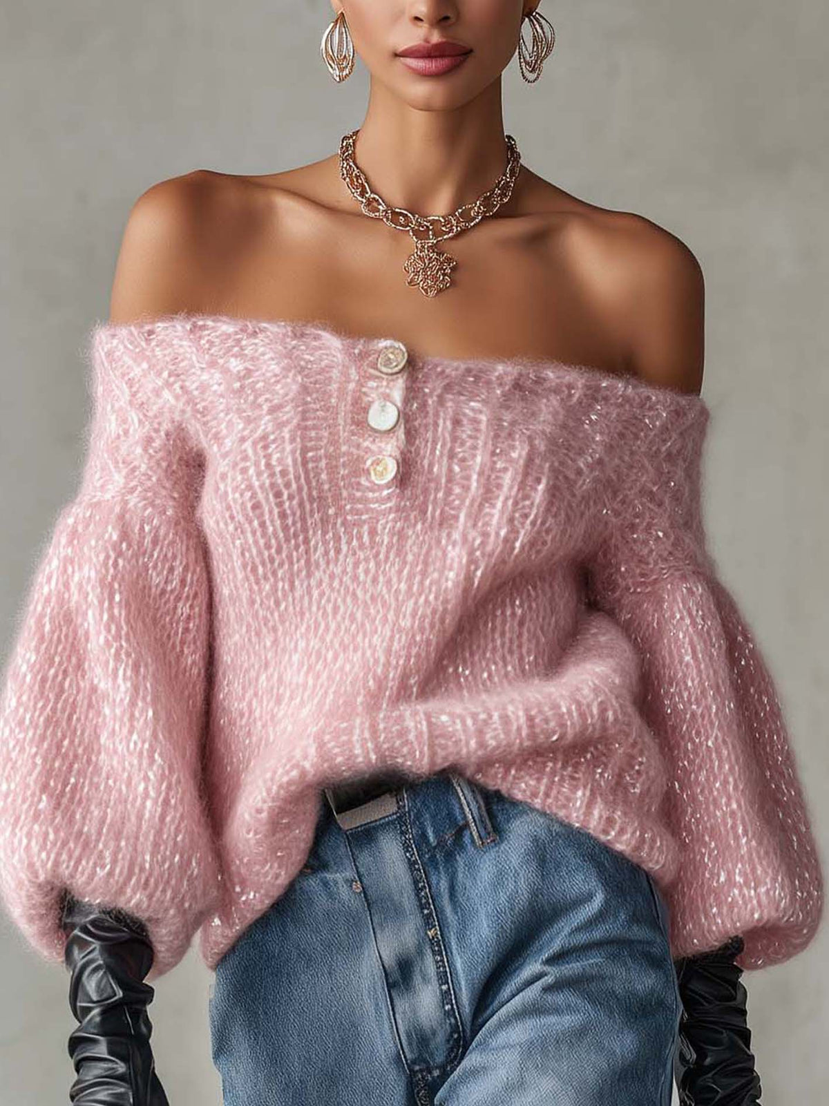Blush Pink Shimmer Mohair Off-Shoulder Sweater With Button Placket