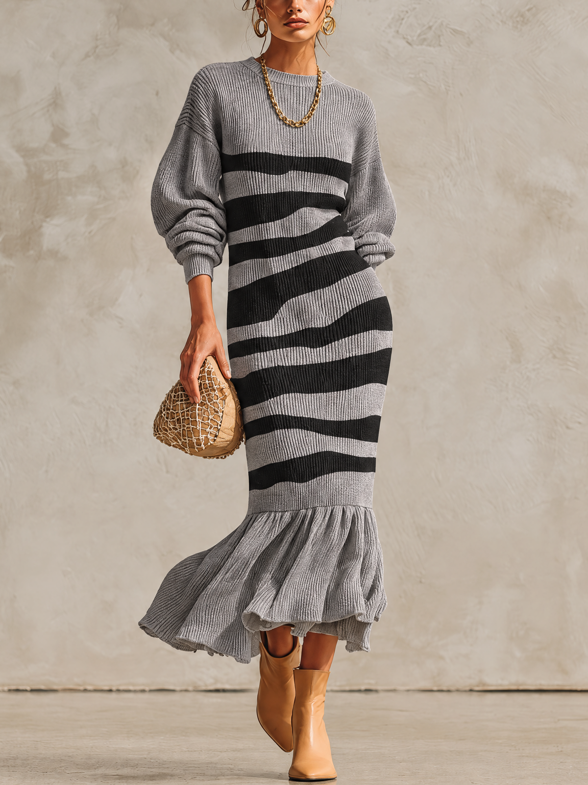 Gray And Black Striped Ribbed Knit Balloon-Sleeve Mermaid Maxi Dress