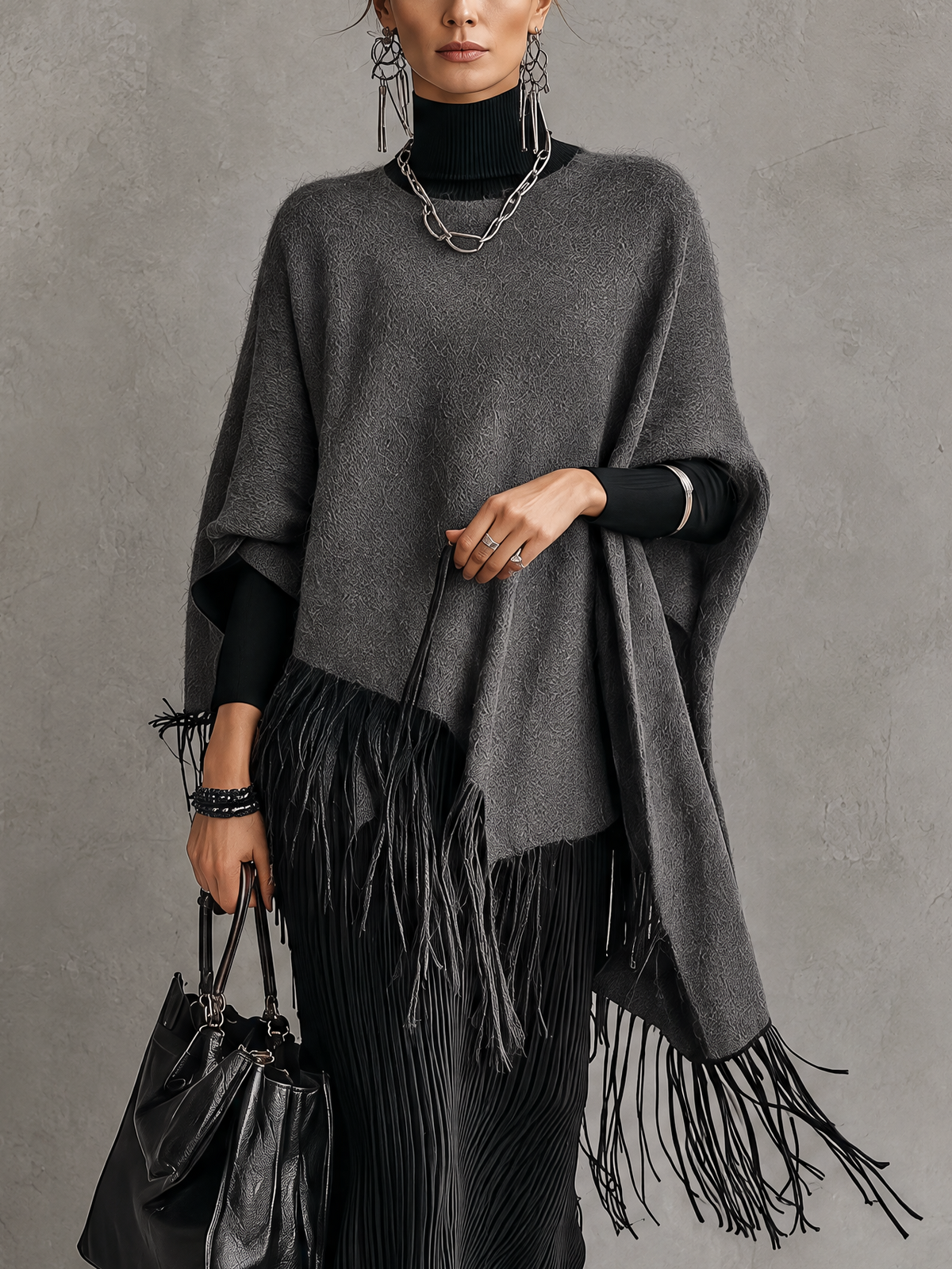Black Pleated Long-Sleeve Maxi Dress And Gray Wool Cape Set