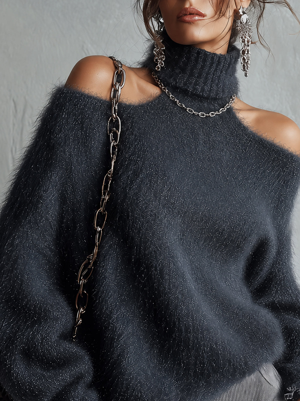 Blue Shimmer Fuzzy Knit Loose Cold Shoulder Turtleneck Sweater