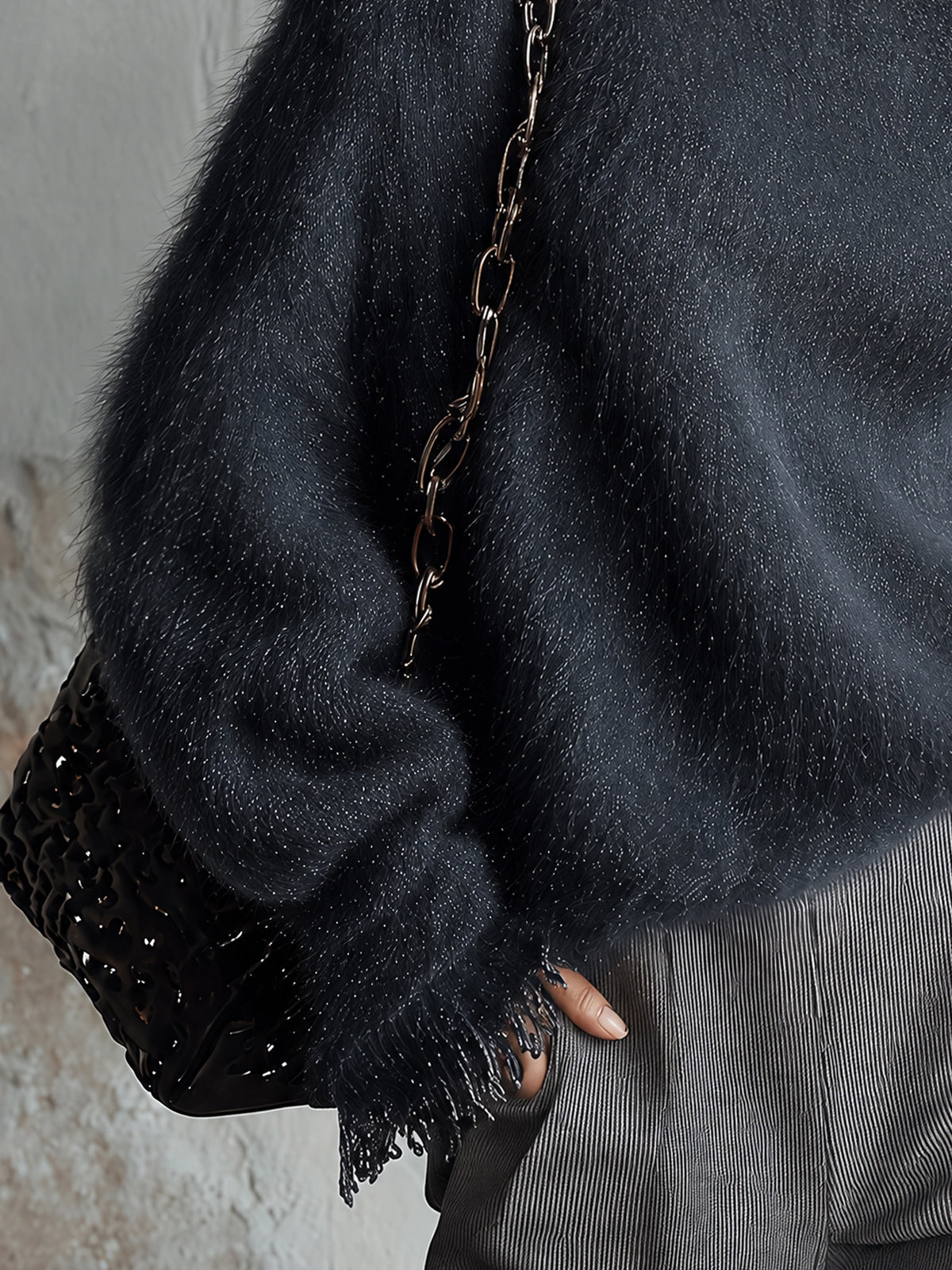 Blue Shimmer Fuzzy Knit Loose Cold Shoulder Turtleneck Sweater