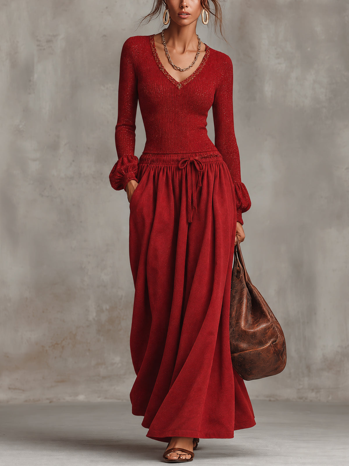 Red Sparkle Knit Top With Faux Suede Maxi Skirt Set