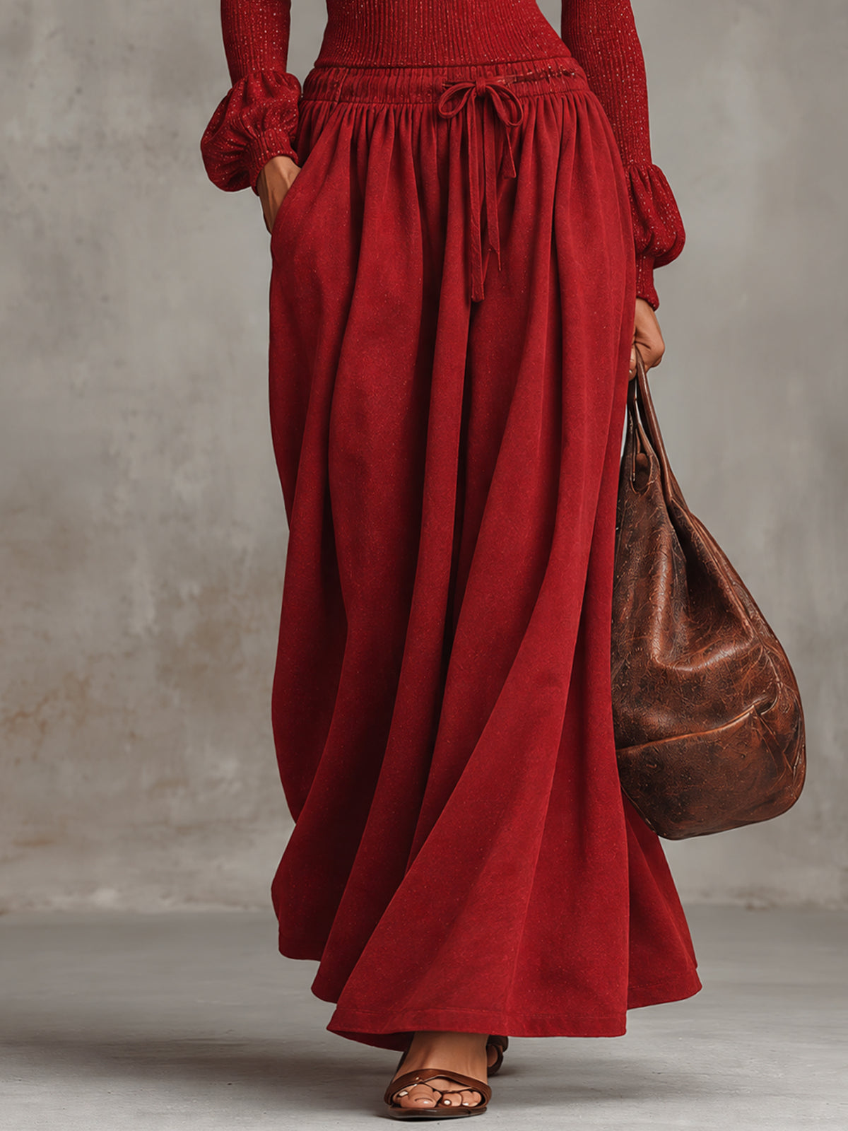 Red Sparkle Knit Top With Faux Suede Maxi Skirt Set