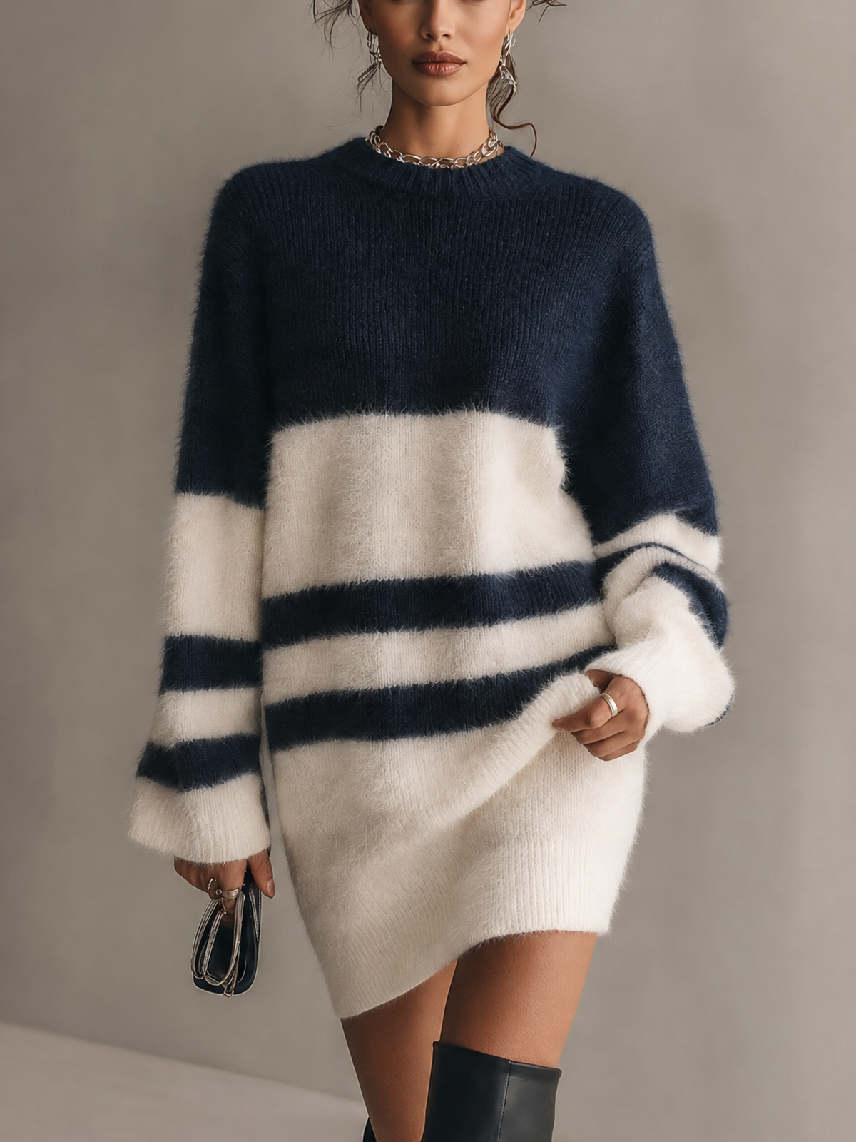 Navy And White Striped Fuzzy Knit Mini Sweater Dress