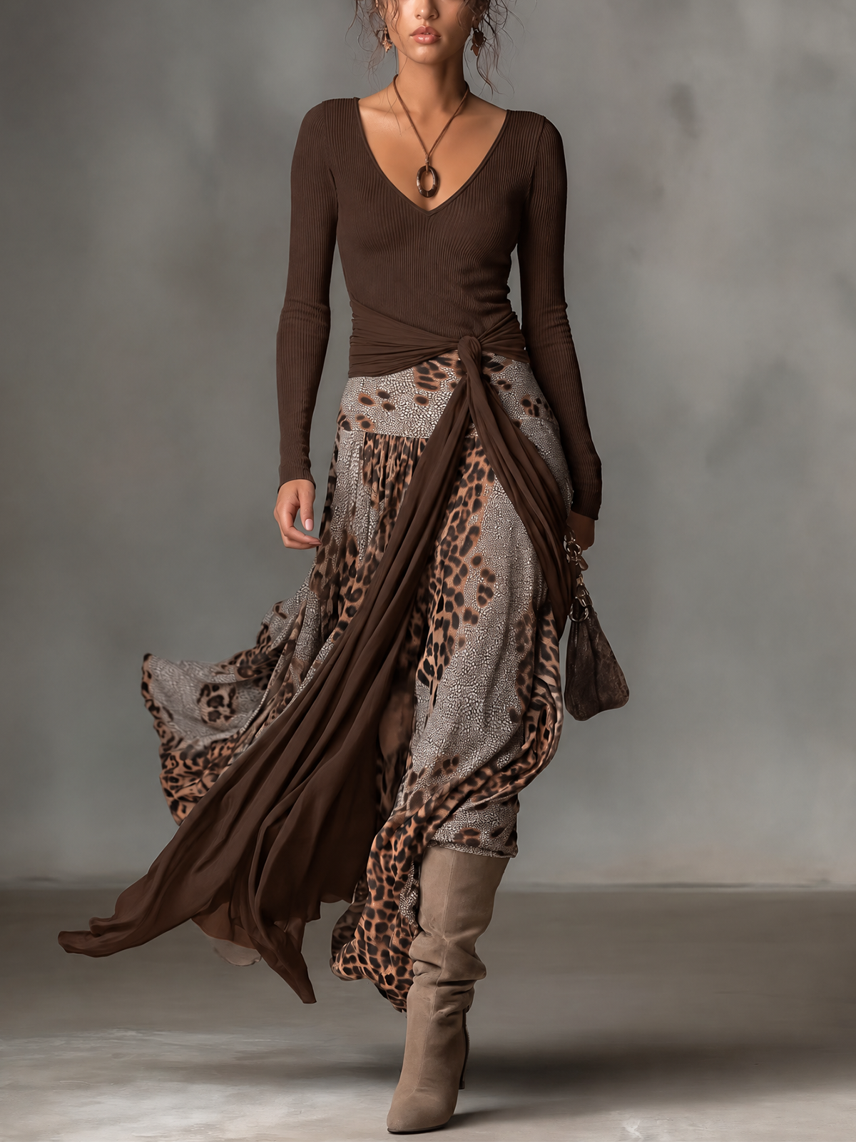 Brown Ribbed V-Neck Leopard Print Wrap Maxi Dress