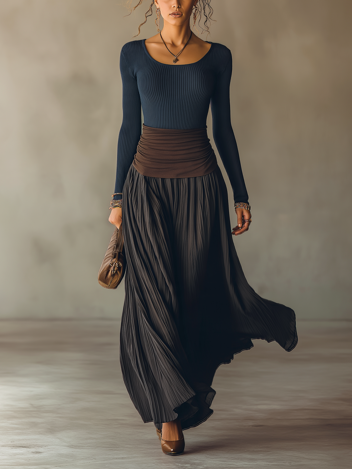 Navy Ribbed Scoop Neck Color Block Pleated Maxi Dress