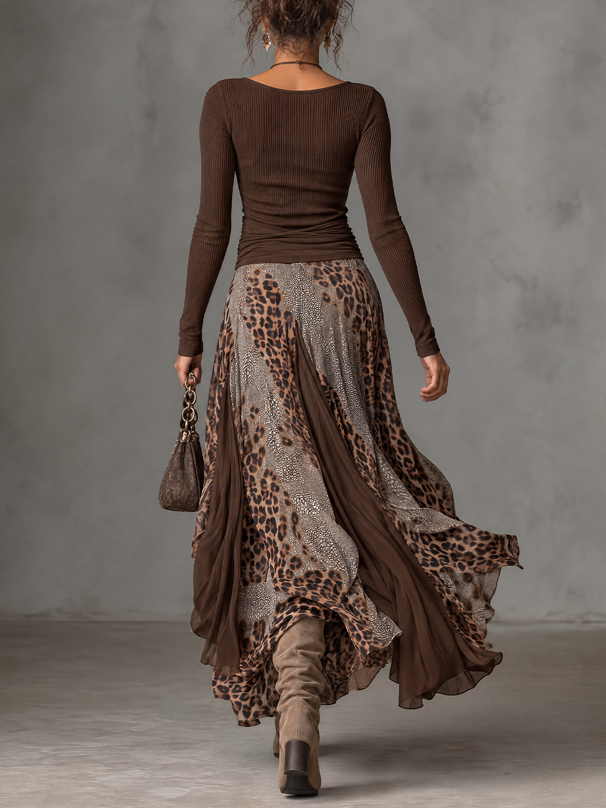 Brown Ribbed V-Neck Leopard Print Wrap Maxi Dress