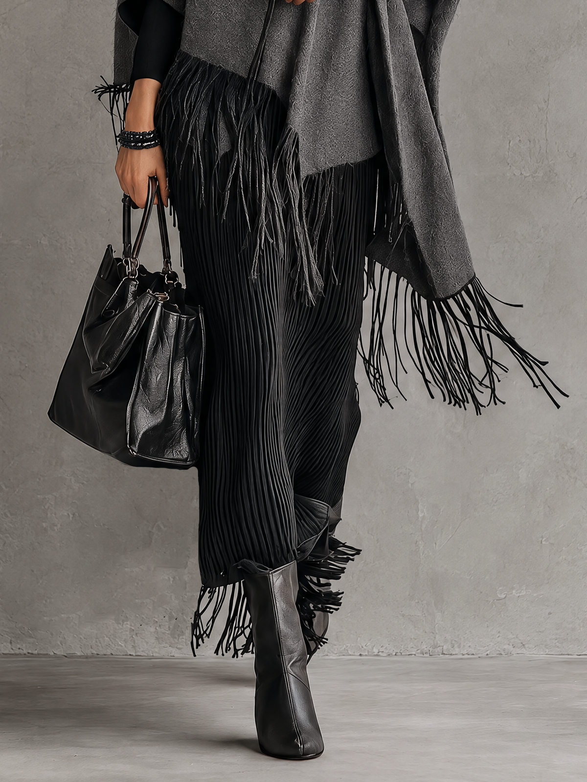 Heather Gray Wool Cape With Black Fringe Trim