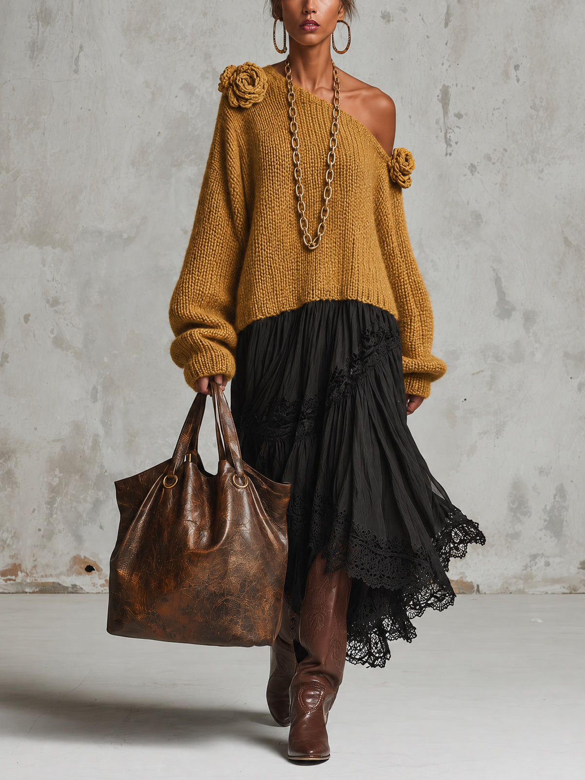 Mustard Off Shoulder Chunky Knit Spliced Chiffon Midi Dress